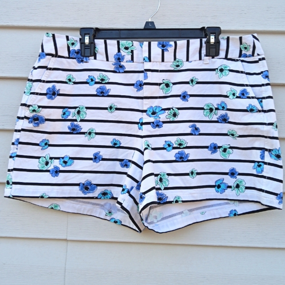 Like New, Mostly Cotton, White w/ Black Stripes, Blue and Green Floral Shorts,